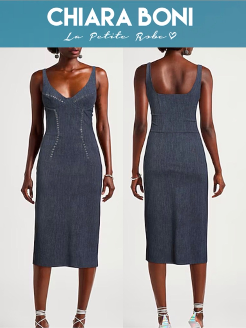 CHIARA BONI LA PETITE ROBE ZILLA DENIM EFFECT CORSET MIDI DRESS STUDDED *NWT*